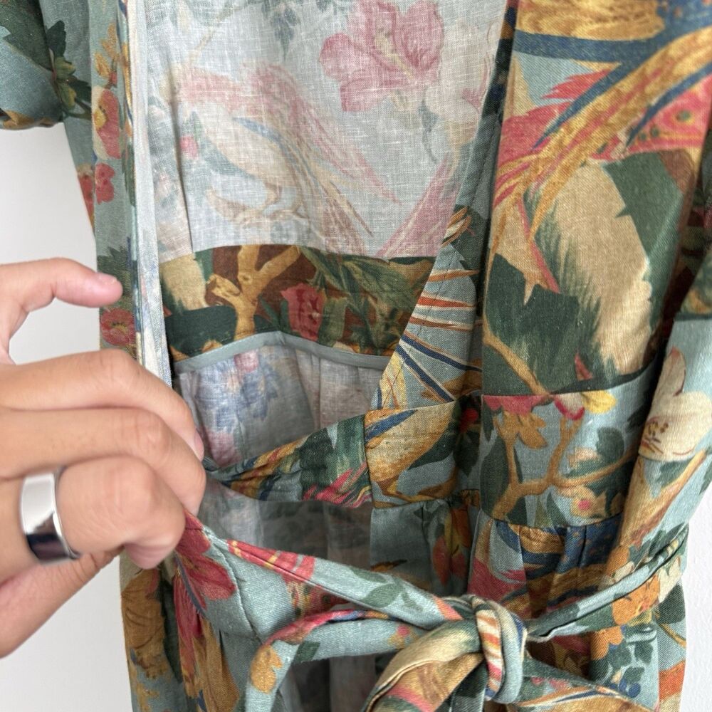 Sezane Tropical Floral Midi Wrap Dress Linen Hawaiian Birds Sz 40 (US 8) Classic - Picture 9 of 12